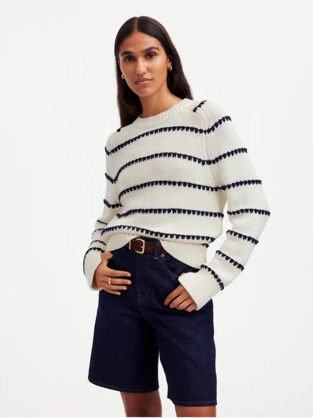 Madewell Textured Cotton Crewneck Sweater in Stripe Size Small - Picture 1 of 7